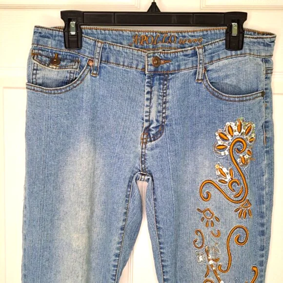 Apollo Jeans Denim Roll Cuffed Embroidered Capris Size 9/10 - Picture 4 of 8